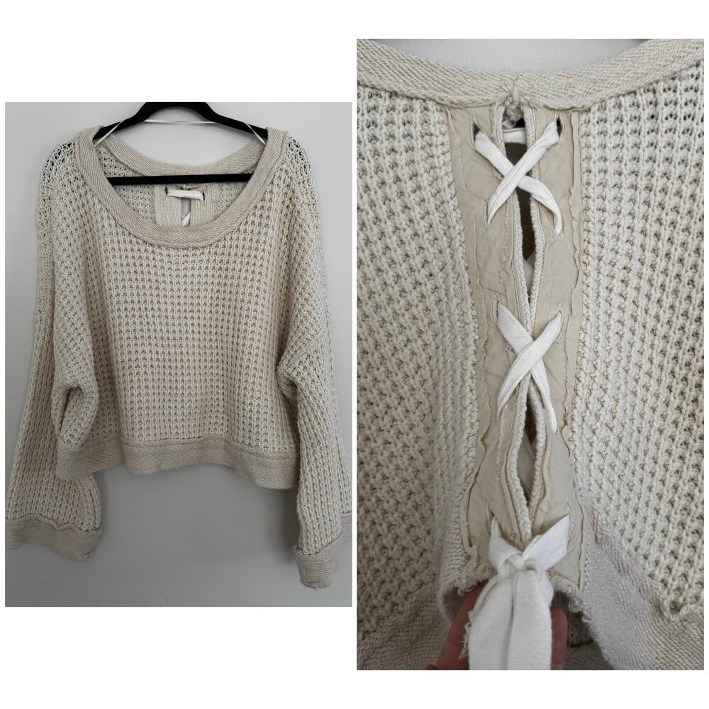 Free People Maybe Baby Pullover Sweater in Ivory with Lace Up Back